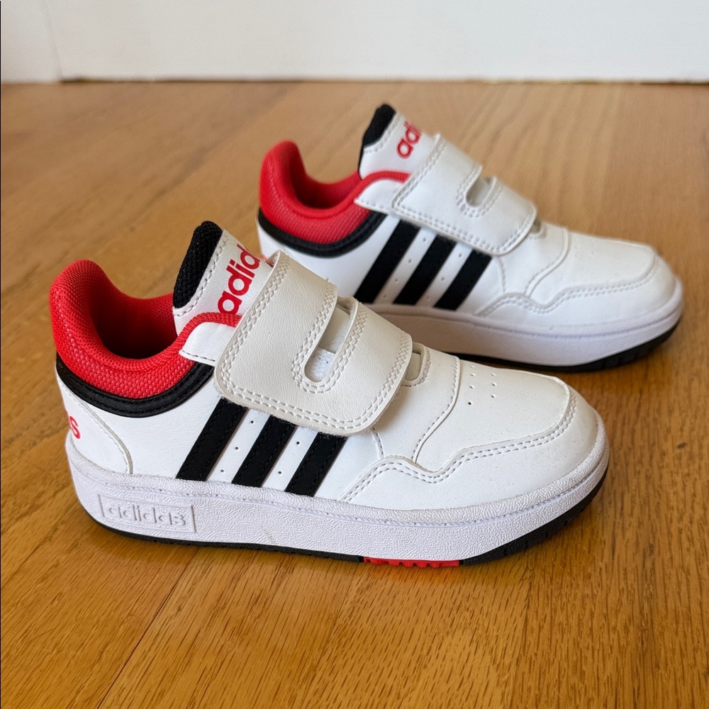 Adidas Kids White with Black stripes, and Red Velcro Sneakers; size 10